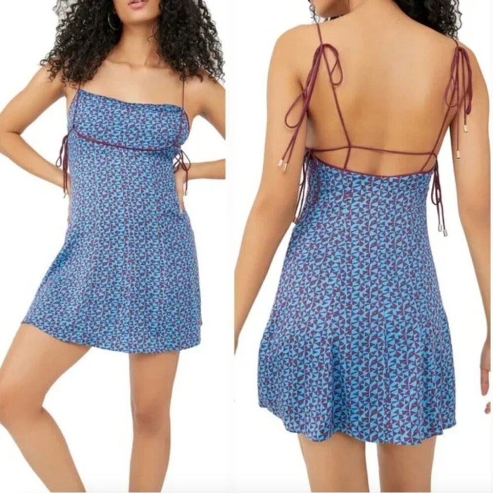 Free People Kai Blue Printed Tie Strap Mini Dress